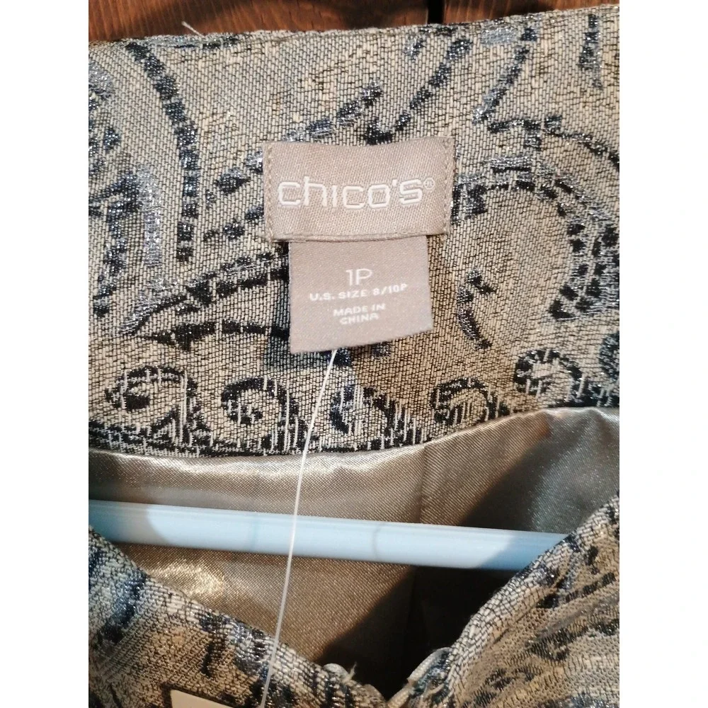 NWT Chico's Jacket Women's 1 US Medium Jacquard Removable Faux Fur Cuffs Shimmer
